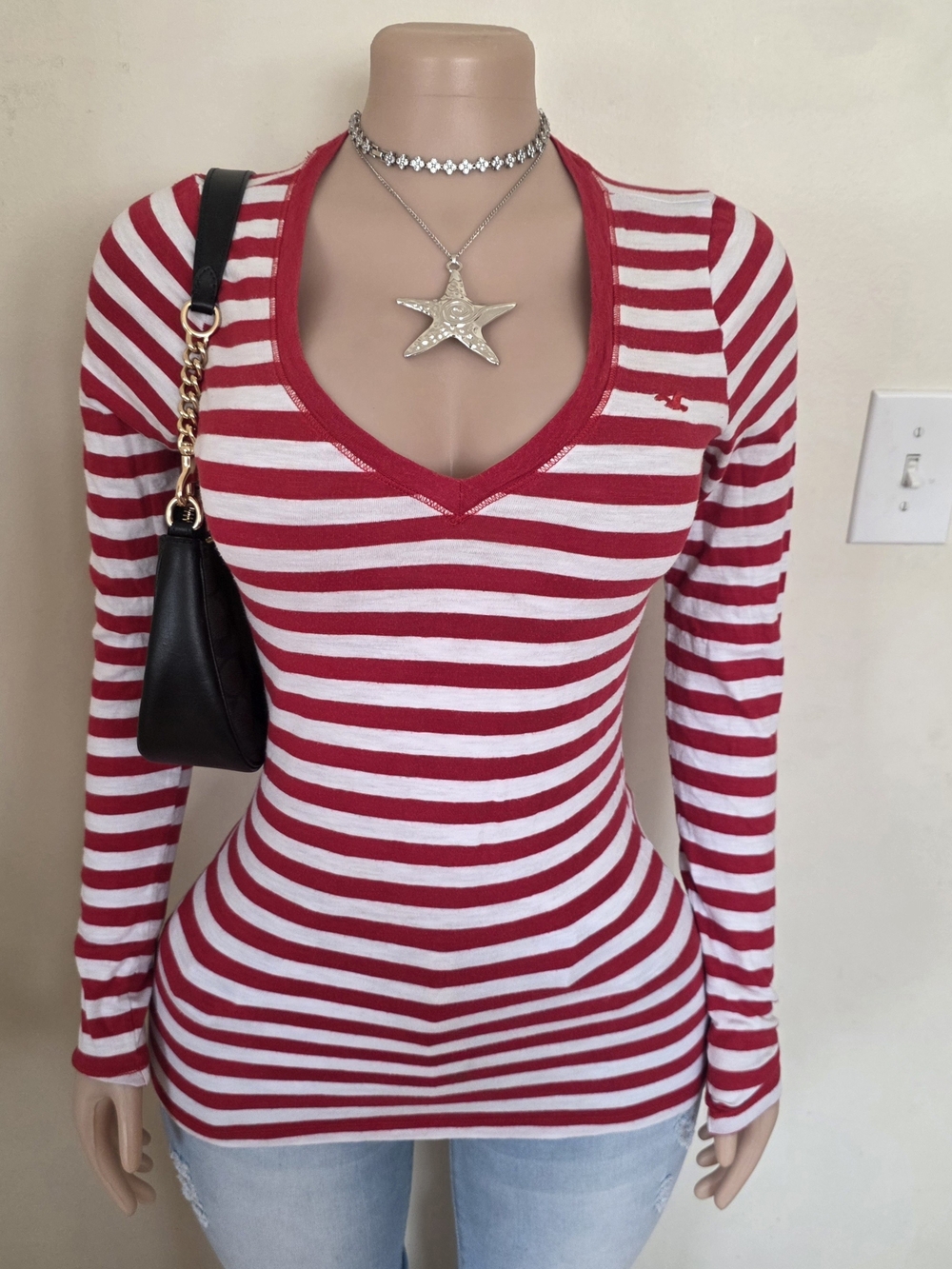 Hollister Red and White Striped V-Neck Long Sleeve Top